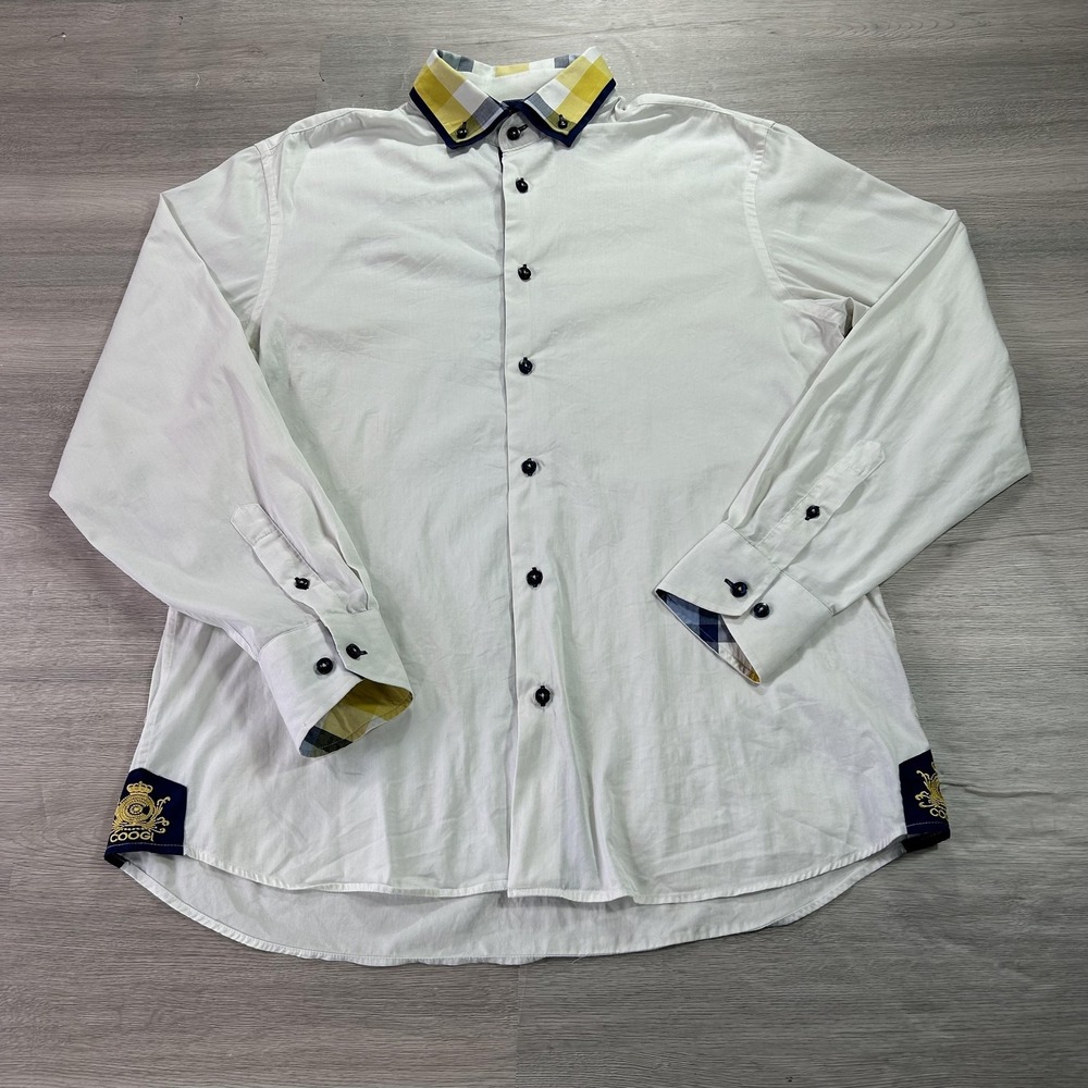 Coogi Luxe Shirt Mens XL White Stretch Plaid Collar‎ Button Front Long Sleeve